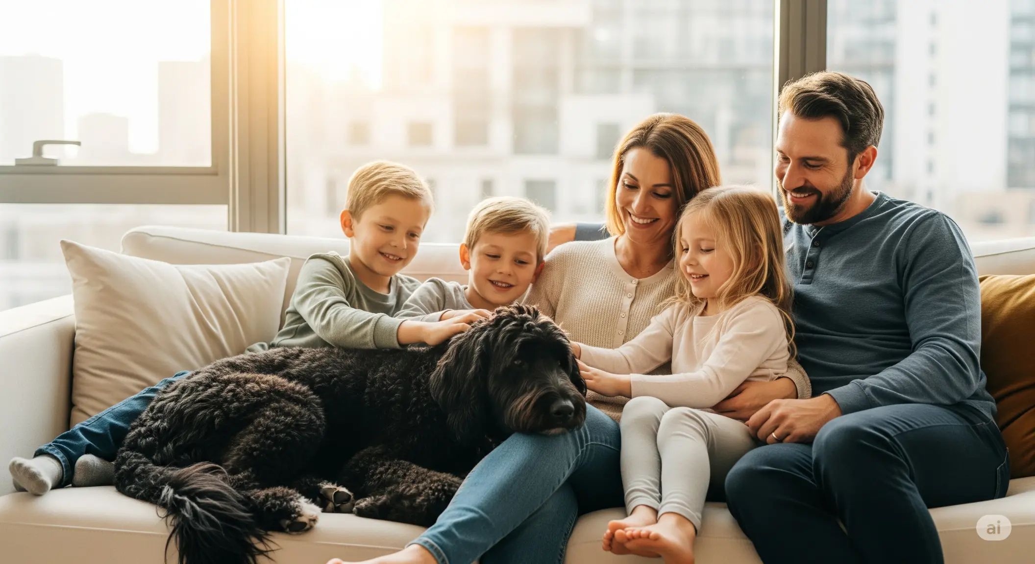 A Black Goldendoodle rests on a couch in a small apartment, surrounded by a smiling family.