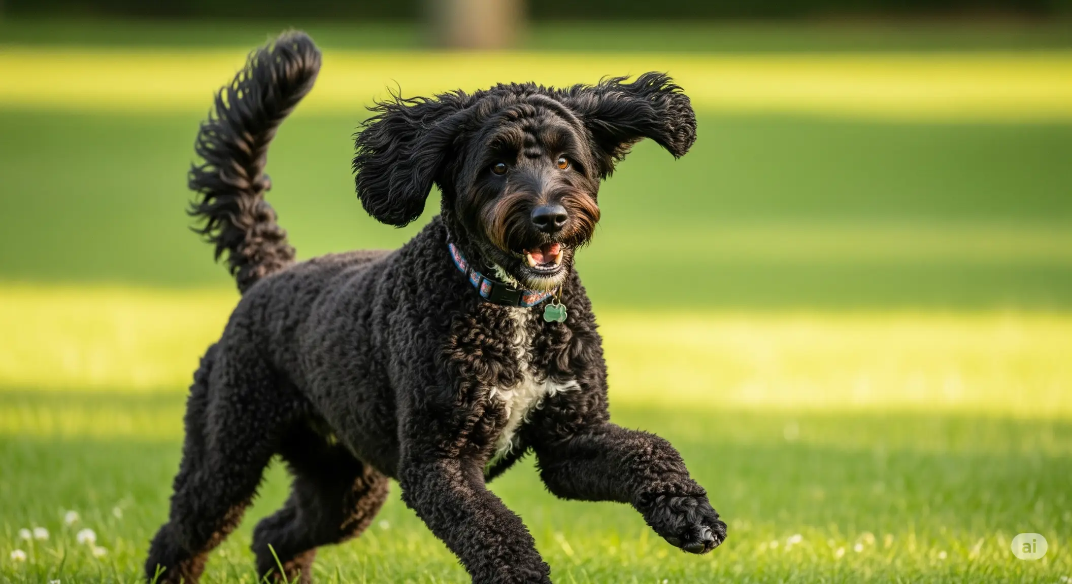A Black Goldendoodle playing in a grassy land