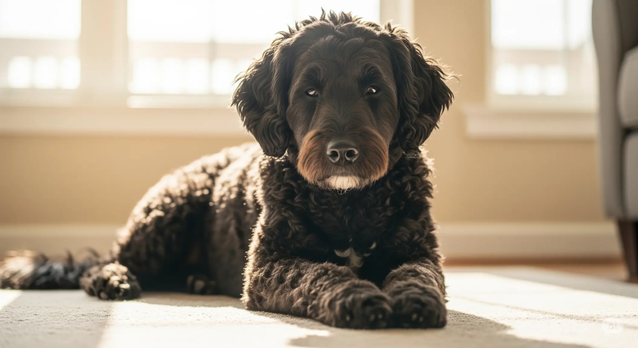 A Black Goldendoodle rests on floor, with no loose fur visible on the furniture.