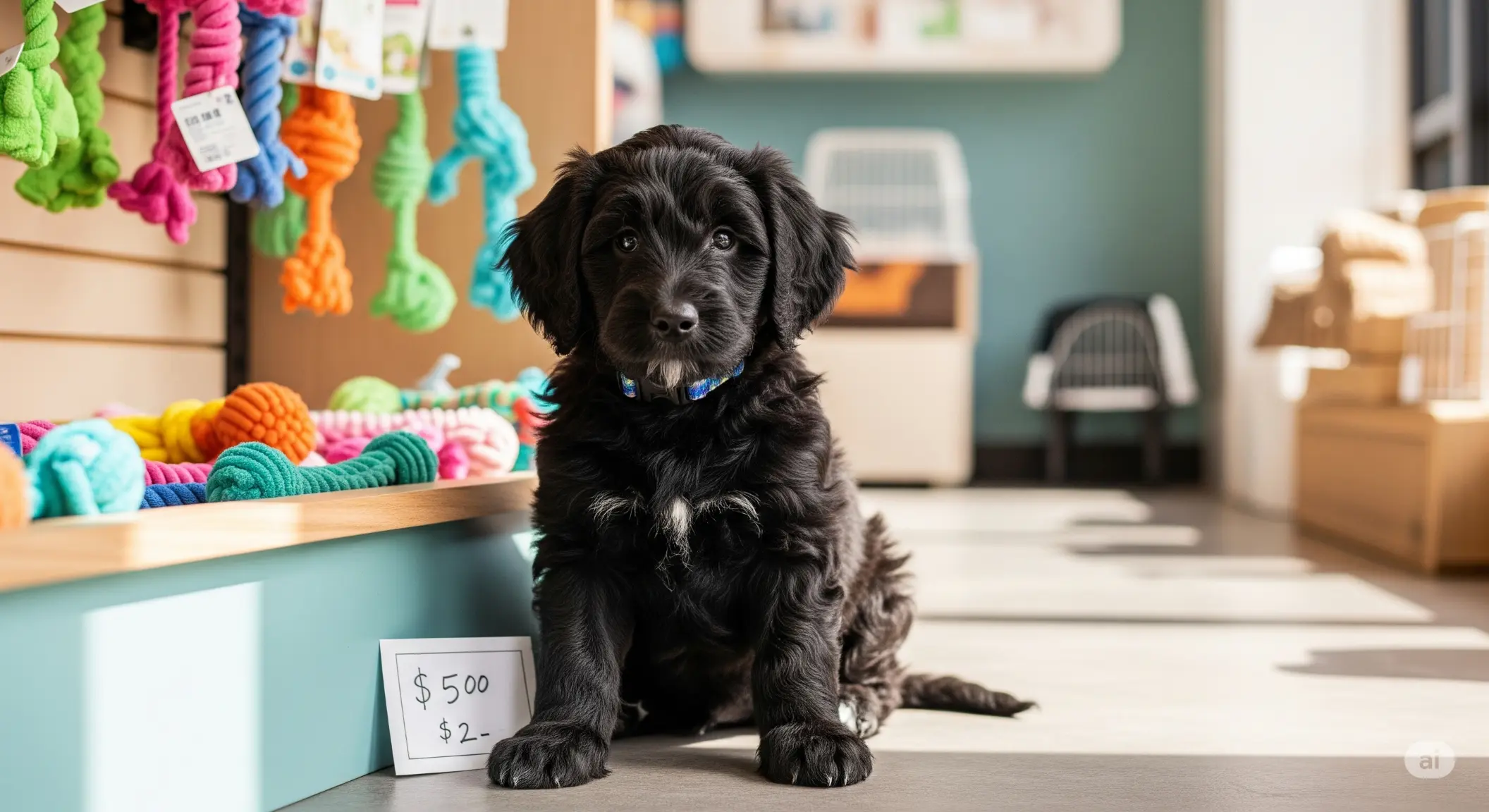 A Black Goldendoodle puppy with a curly black coat sits in a pet store, a price tag visible in the background.