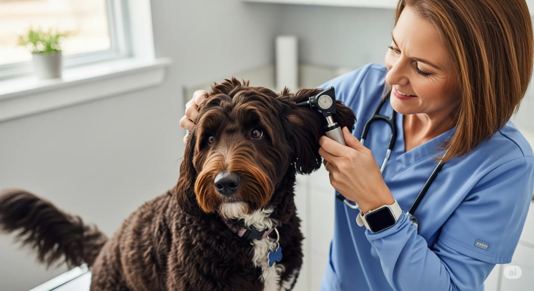 A Black Goldendoodle sits on a vet’s table, ears perked, as a veterinarian checks its health.