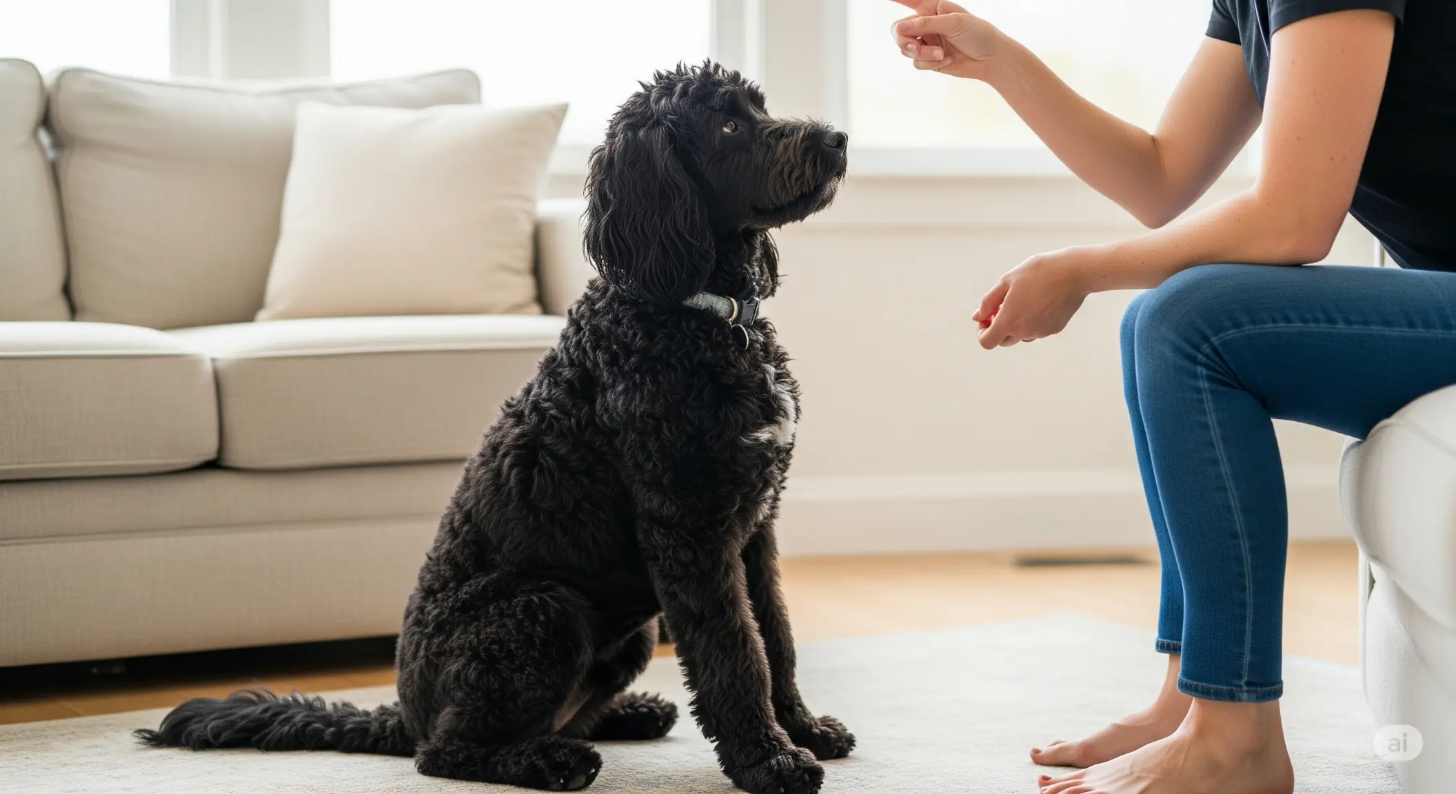 A Black Goldendoodle sits on floor, focused on its owner during a training session.
