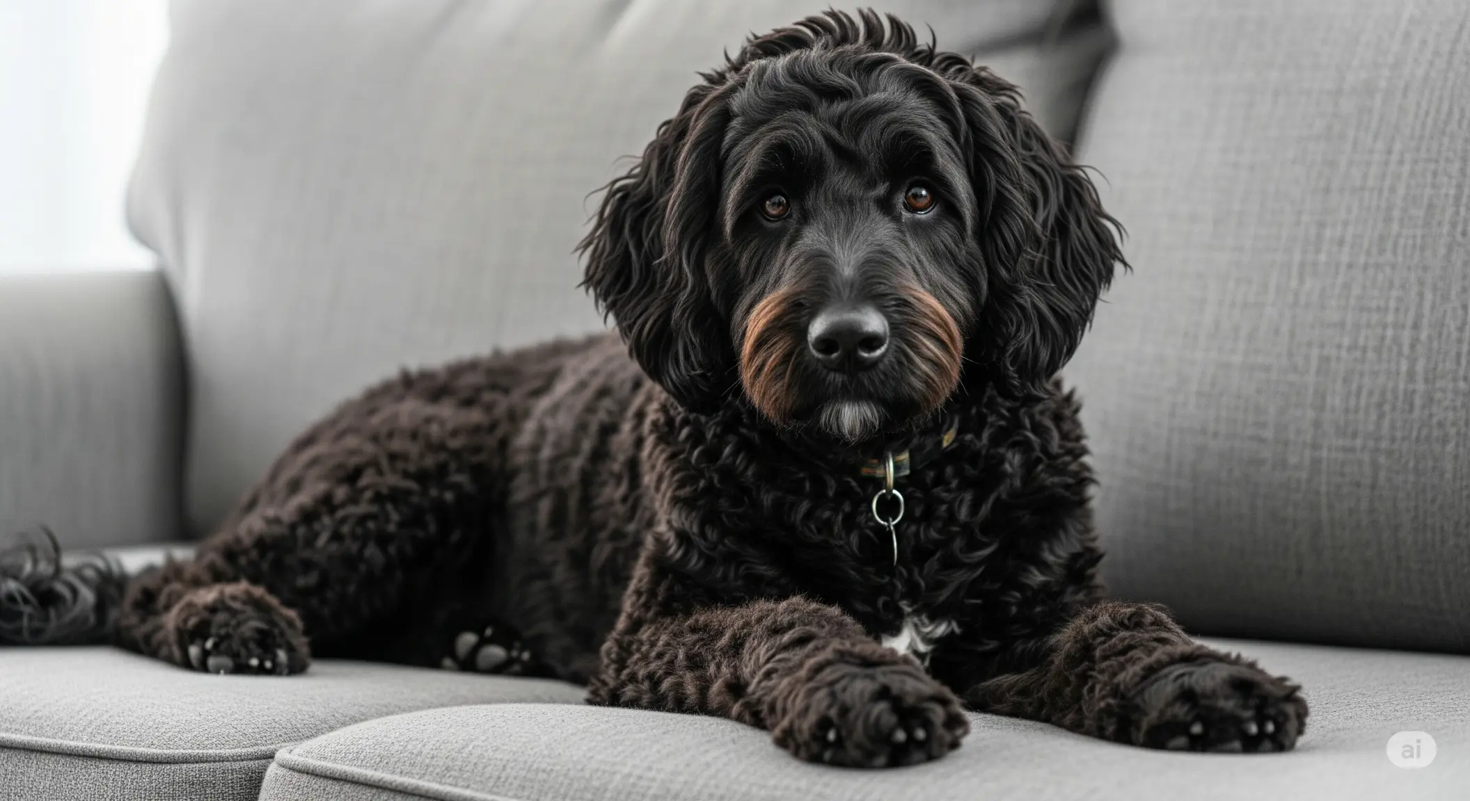 A black goldendoodle sittting on a couch