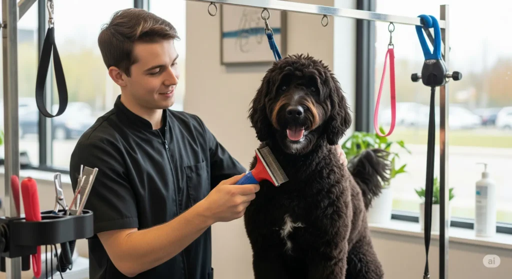 A Black Goldendoodle sits calmly as a groomer brushes its curly black coat, with combs and scissors on a table nearby.