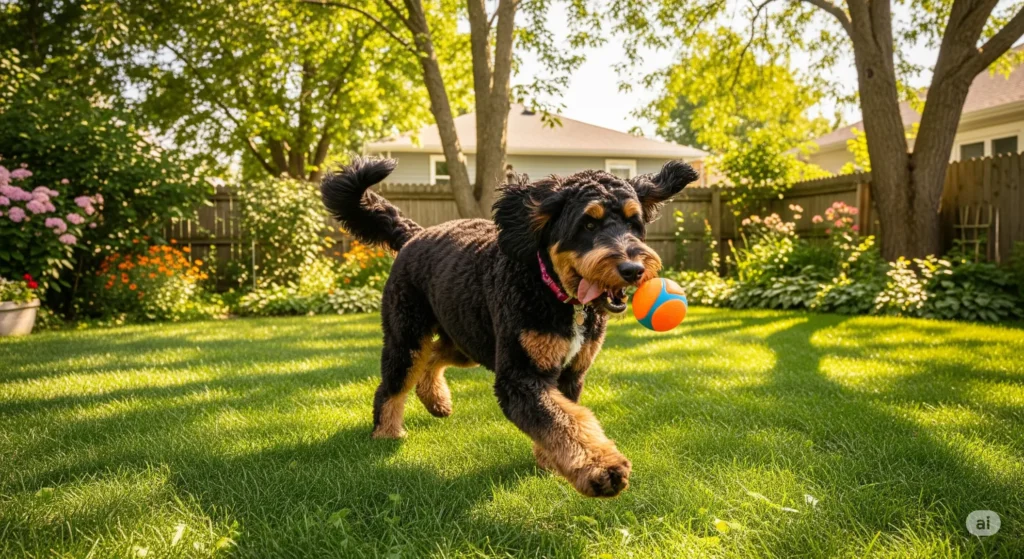 A Black Goldendoodle bounds after a red ball in a grassy backyard, ears flopping happily.