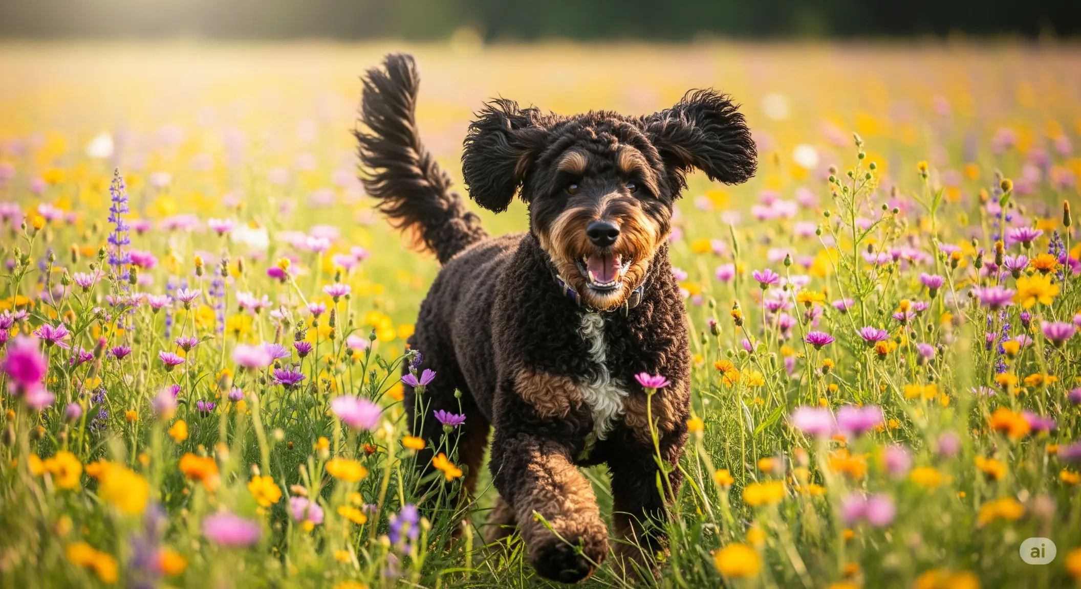 A Black Goldendoodle running in a ground full of flowers.