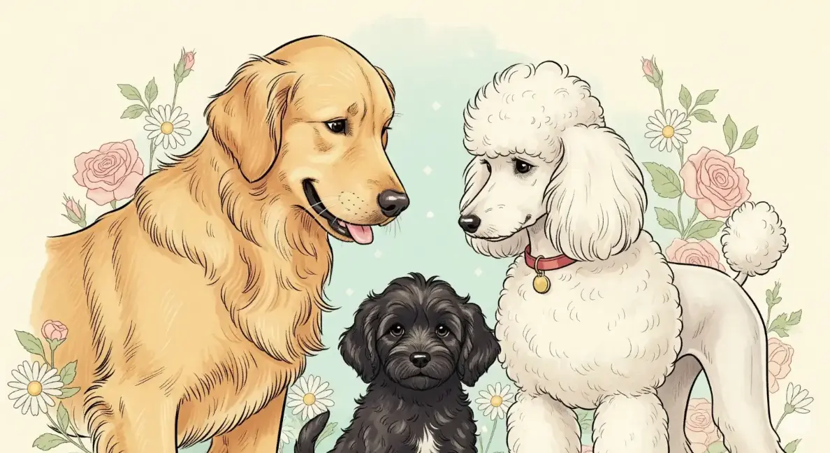 An illustration showing a Golden Retriever, a Poodle, and a Black Goldendoodle puppy with a curly black coat.