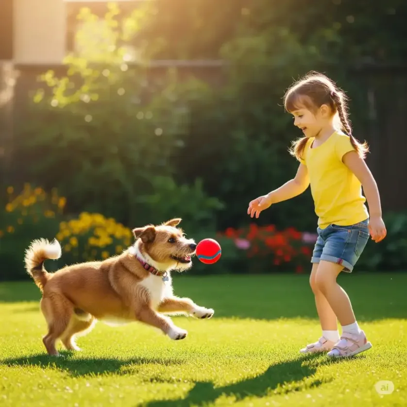 A girl and her dog are playing in a ground