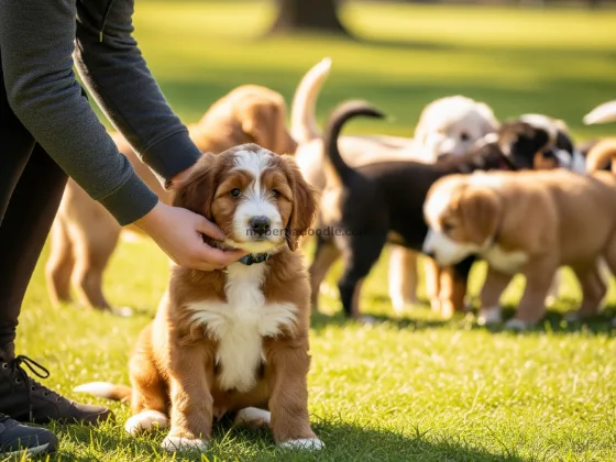 A person training a bernedoodle
