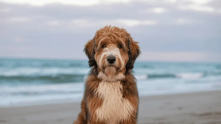 bernedoodle over the beach