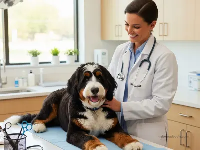 A vet is providing medical care to a bernedoodle