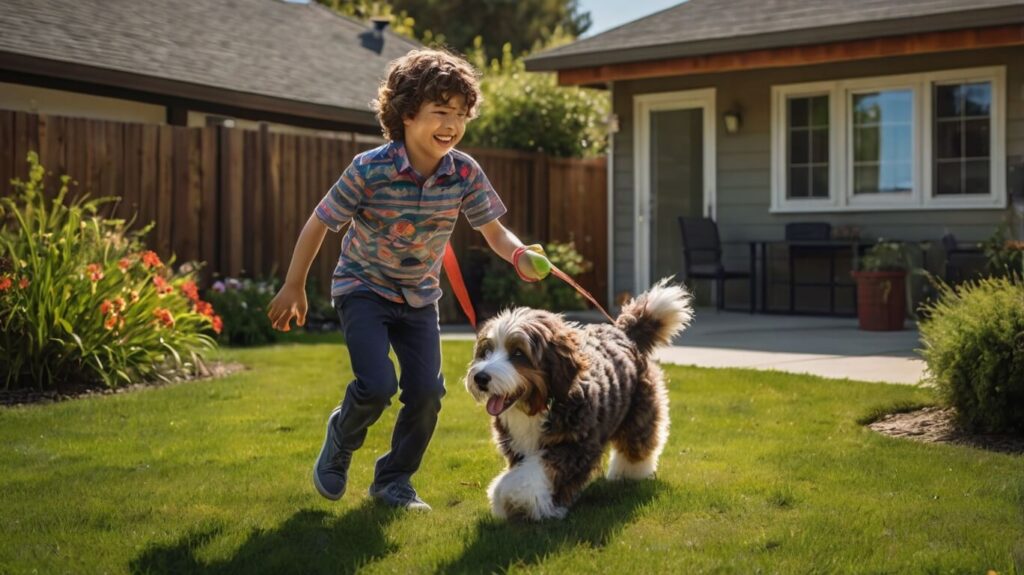 a boy playing with pet bernedoodle