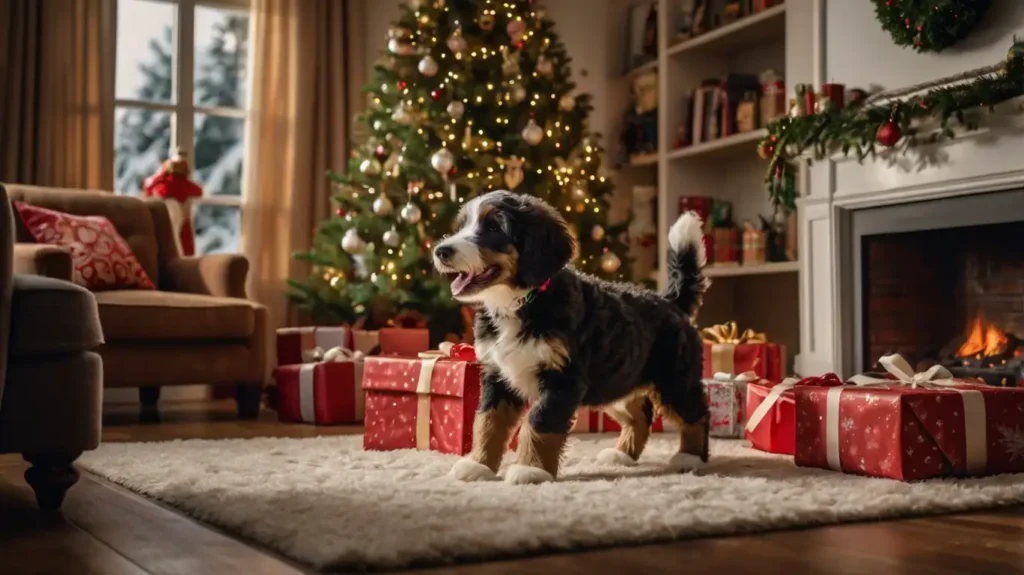 mini bernedoodle in achristmas setting