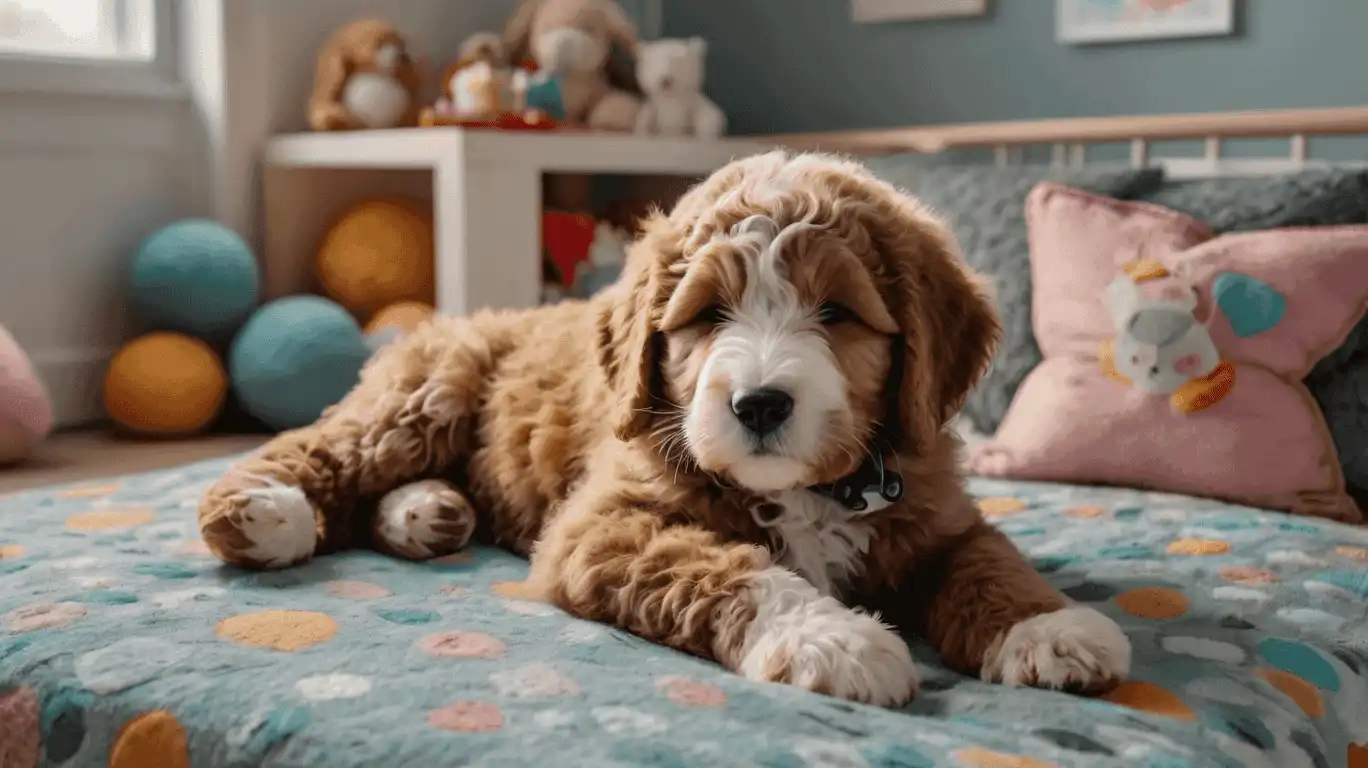 puppy resting on a bed
