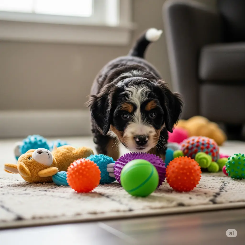 Bernedoodle puppy surrounded by toys on a cozy rug