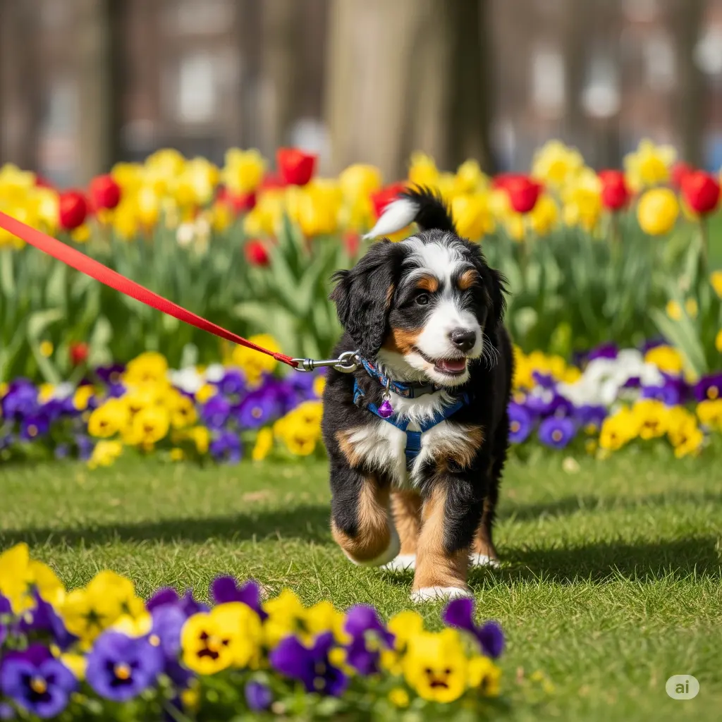 Bernedoodle puppy on leash exploring park with flowers