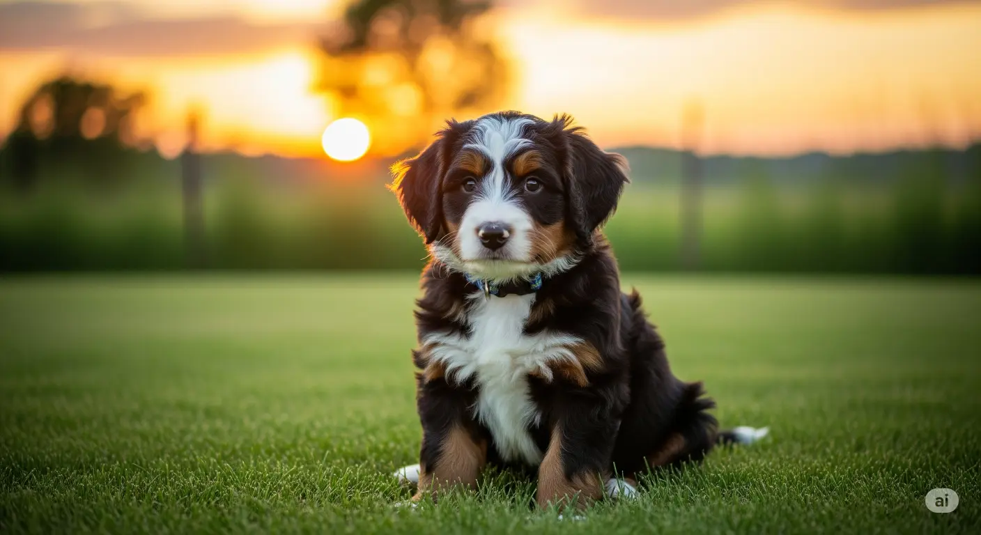 Bernedoodle puppy sitting on green grass during sunset