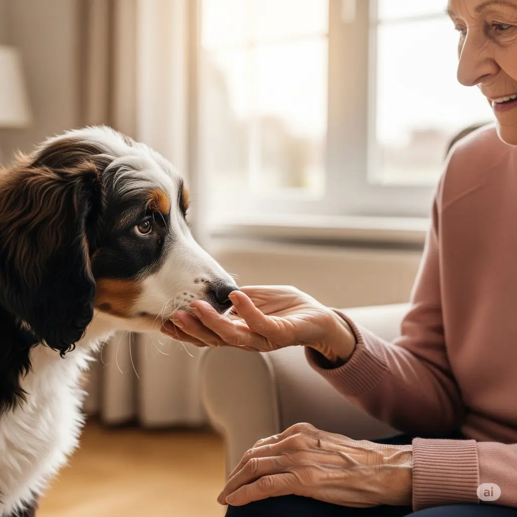 Bernedoodle puppy sniffing hand of an elderly woman " How to socialize a Bernedoodle puppy with ease—