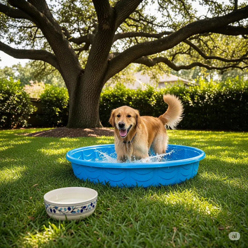 A joyful golden retriever splashes in a small blue kiddie pool in a shady backyard, with a water bowl filled with ice cubes next to it.