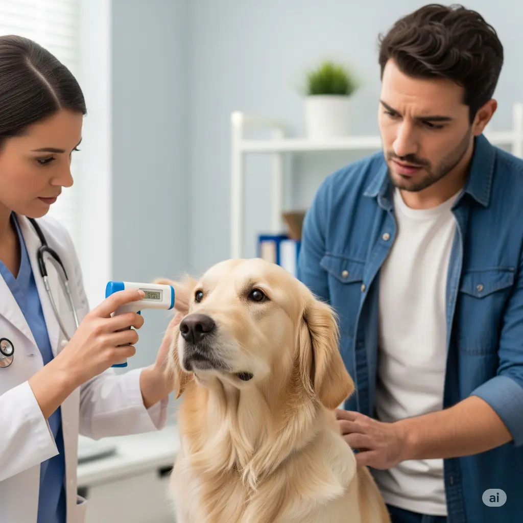 A veterinarian gently checks a dog’s temperature with a thermometer while a worried pet parent stands nearby in a clinic exam room.
