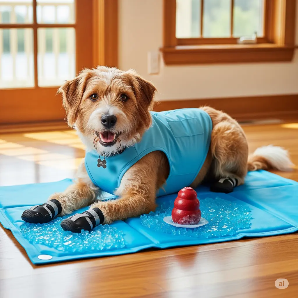 A happy corgi wears a blue cooling vest and matching booties, lounging on a green cooling mat with a frozen KONG toy in a shaded outdoor area.