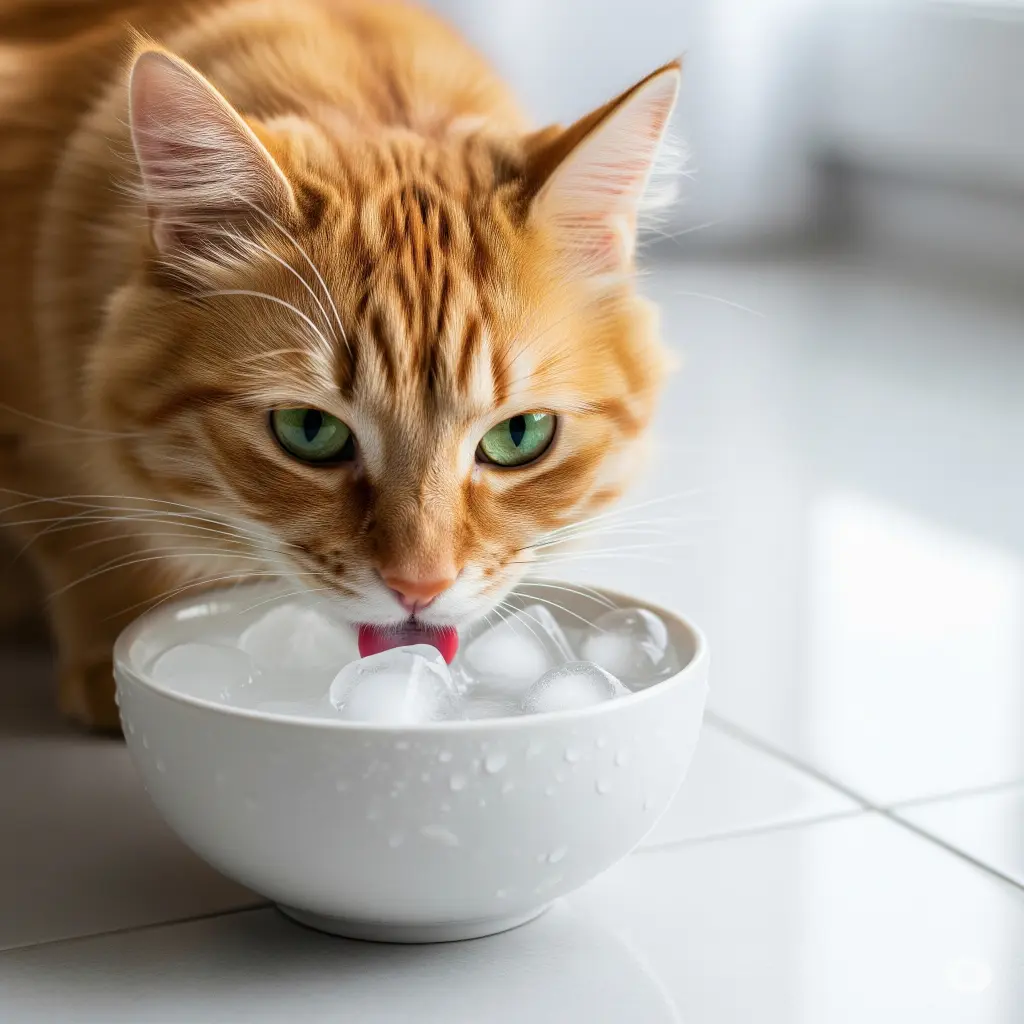 A fluffy orange tabby cat drinks from a white ceramic bowl filled with water and ice cubes, set on a cool tiled floor in a sunny room.