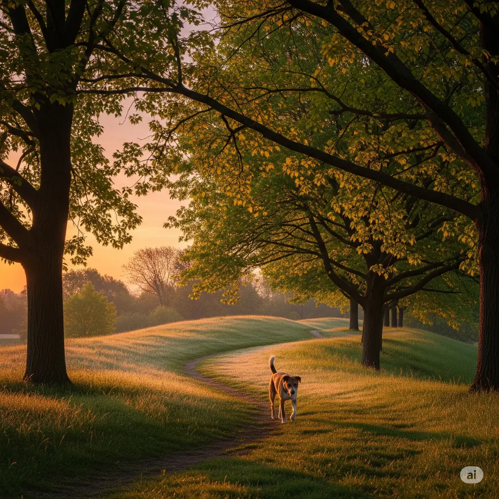 A happy beagle trots on a grassy trail shaded by tall trees during a cool morning walk, with the sun just rising in the background.