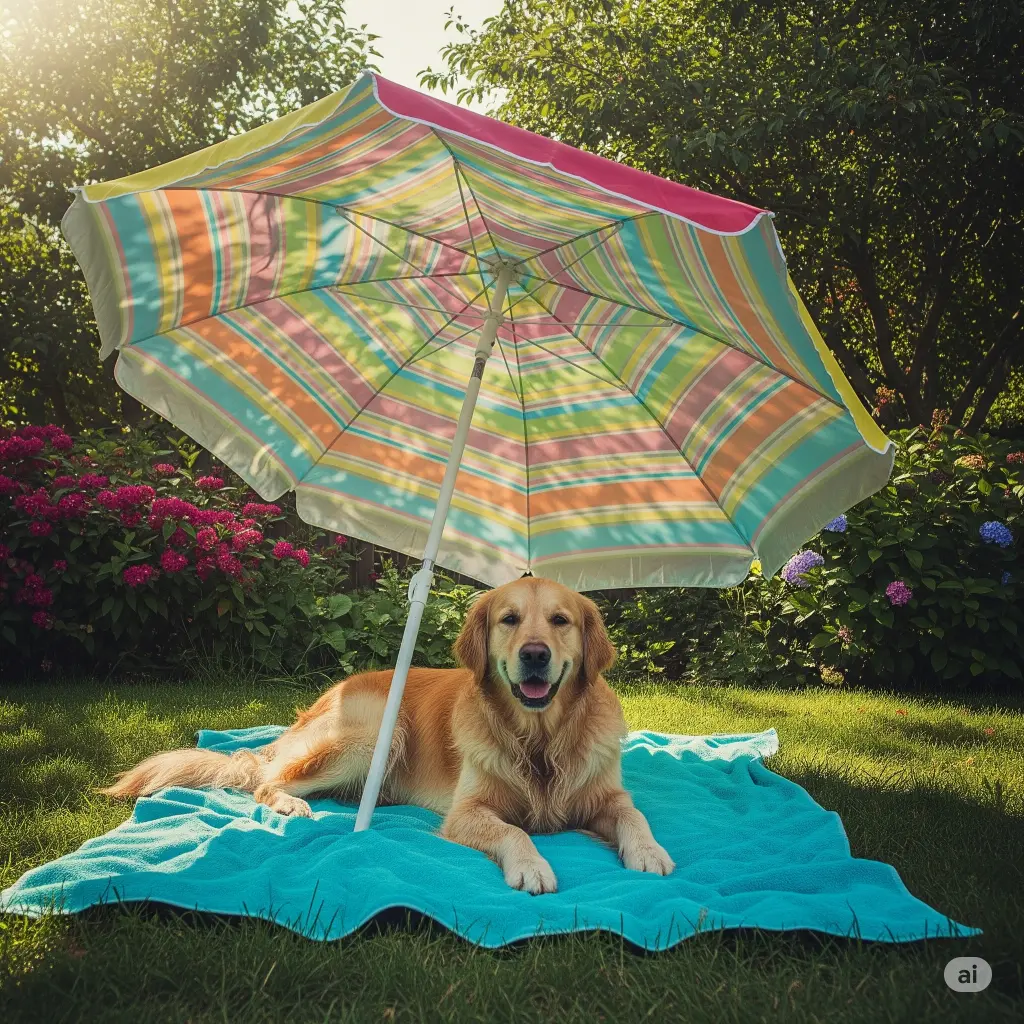 A relaxed Labrador lies on a damp blue towel under a bright red beach umbrella in a shady backyard, with a water bowl nearby.