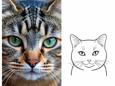 A detailed cat face with sleek fur beside a simple line drawing, ideal for copying or coloring.