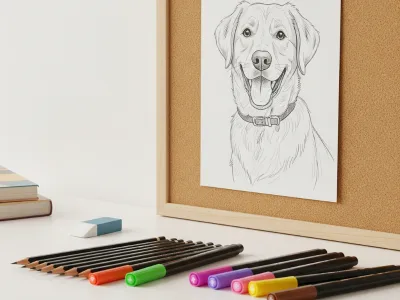 A desk with pencils, markers, an eraser, and an animal sketch printable of a dog on a corkboard, ready for drawing.