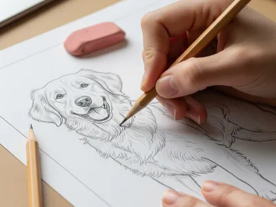 A hand tracing a dog sketch on a printable template, with a pencil and eraser on the table.