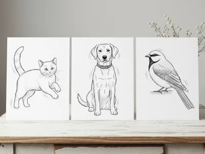 Three animal printable sketches (sitting cat, running dog, perched bird) spread on a table, ready for tracing or coloring.