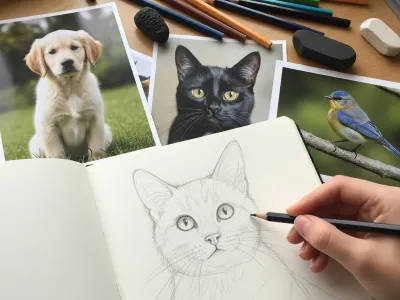 A sketchbook with a partially drawn cat, surrounded by reference photos of a dog, cat, and bird for inspiration.