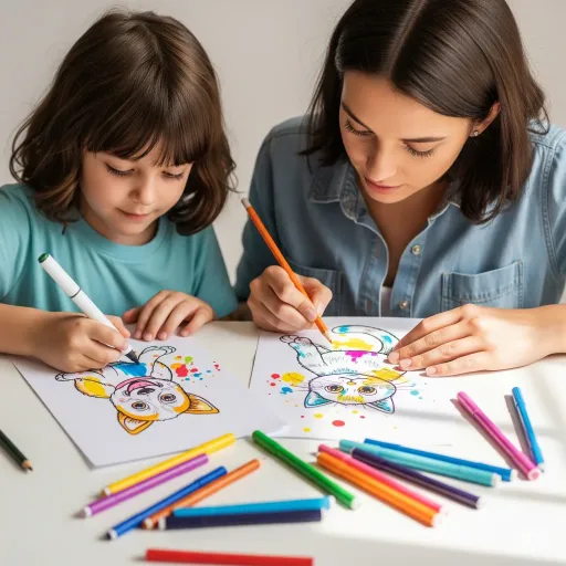 A child and adult coloring animal sketches (dog and cat) at a table, with markers and pencils scattered around, showing fun for all ages.