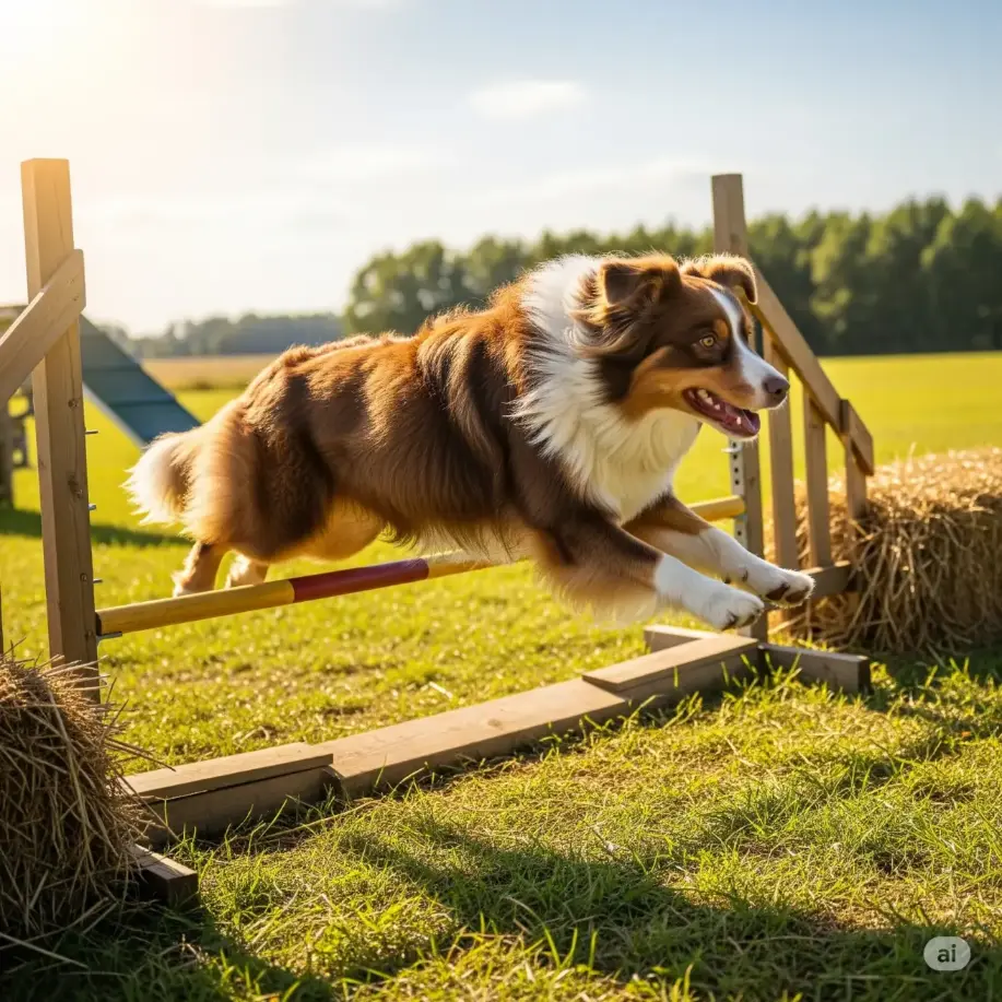 Australian Shepherd jumping over a hurdle