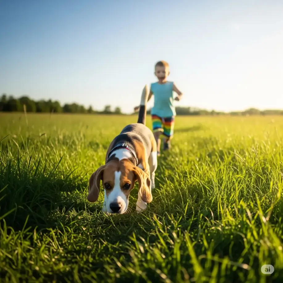 Beagle and a kid playing
