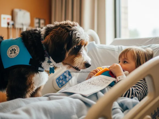 A Mini Bernedoodle in a therapy vest comforting a child in a Florida hospital, reflecting Highfalutin’s service dog contributions.