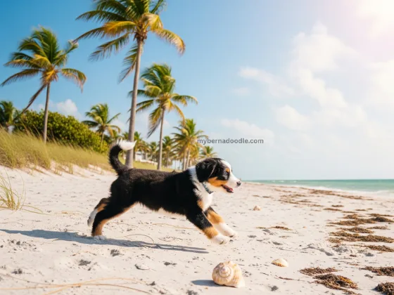 A tri-color Mini Bernedoodle puppy playing on a Florida beach with palm trees, showcasing its joyful, family-friendly nature.
