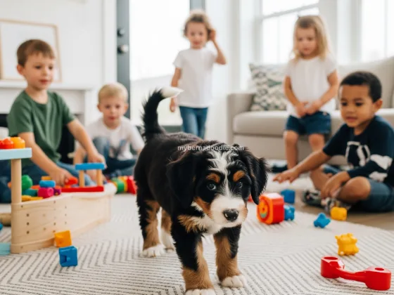 A Mini Bernedoodle puppy with kids in a Jacksonville home, highlighting Clovie’s Creation’s socialization focus.