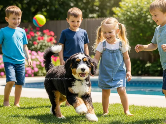 A tri-color Mini Bernedoodle with kids in a Florida backyard, showcasing Colorful-K9’s family-friendly puppies.