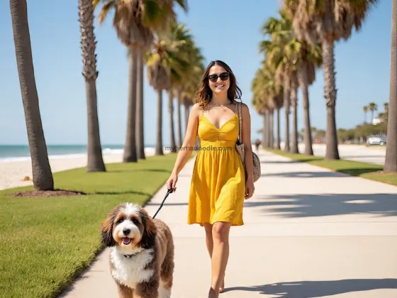 A person walking her bernedoodle puppy
