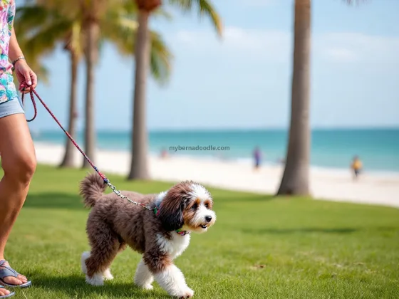 A petite Mini Bernedoodle walking in a Florida beach park, showcasing Stormie’s Doodles’ allergy-friendly puppies.