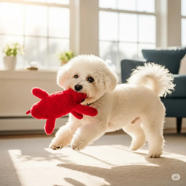 A cute Bichon Frise playing with a stuff toy