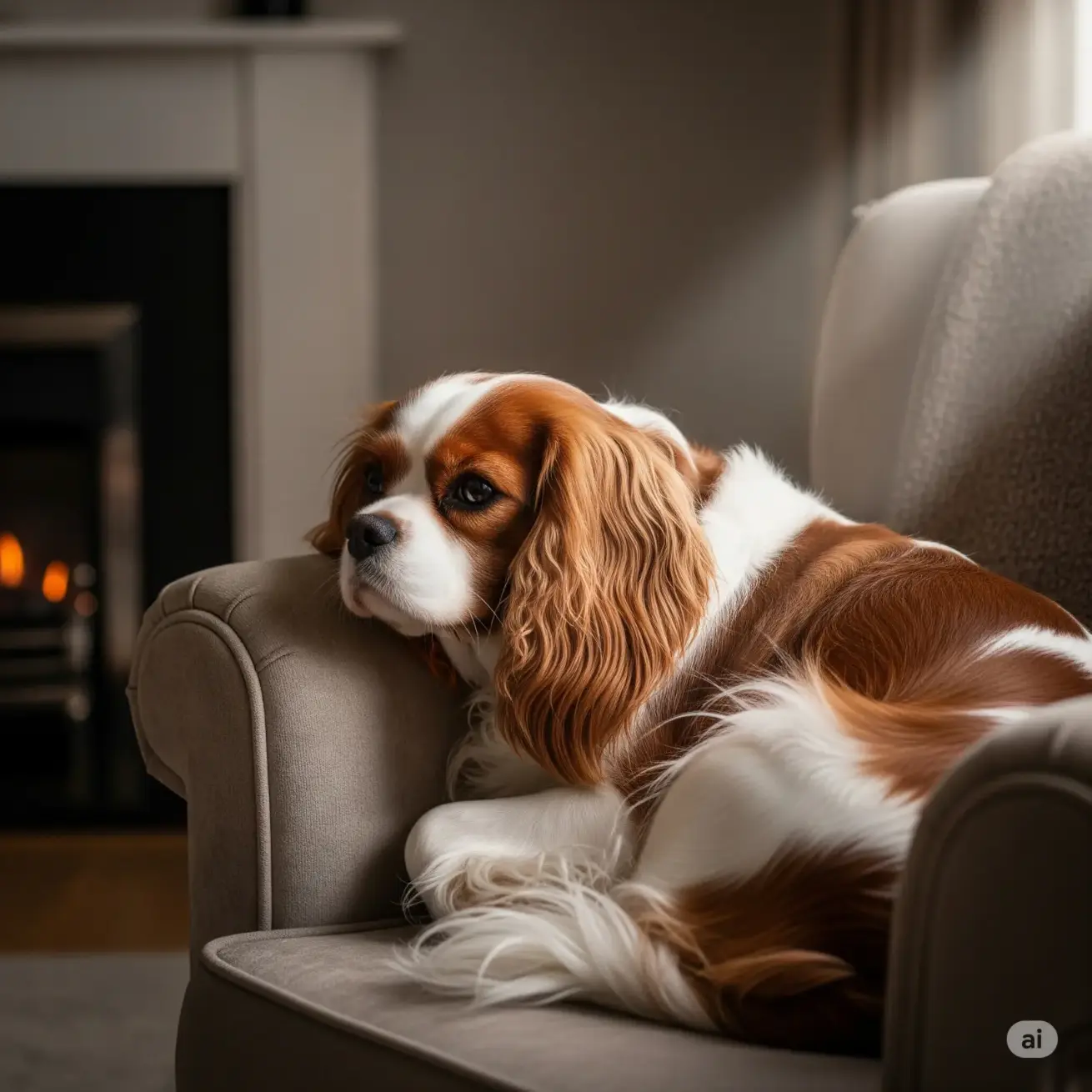 Cavalier King Charles Spaniel sitting on a couch