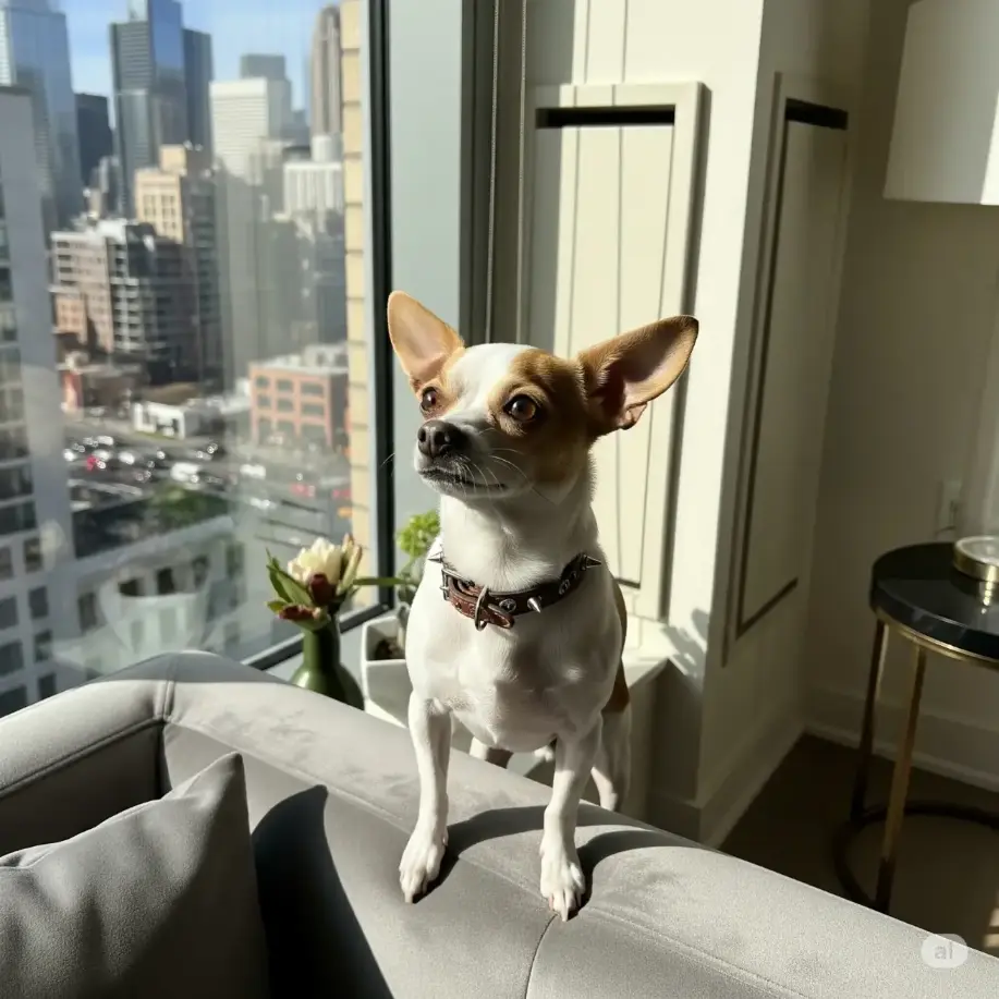 A chihuahua sitting near a window