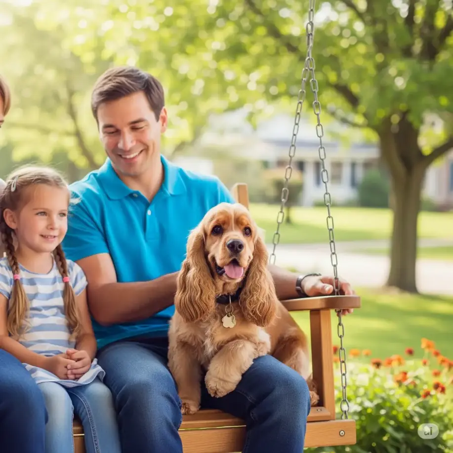 Cocker Spaniel sitting with a family