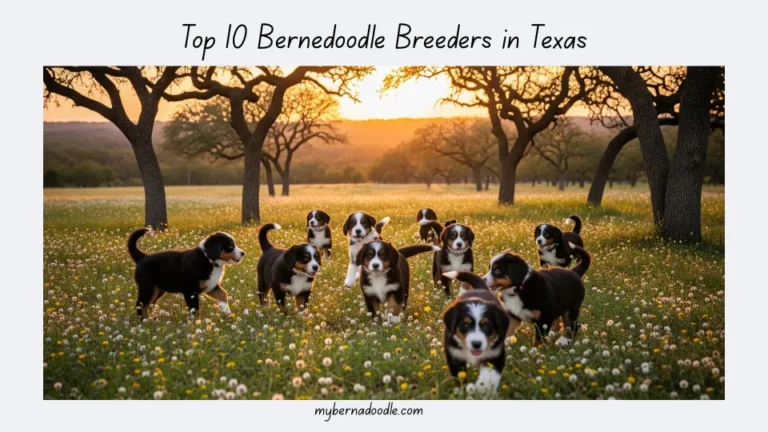 Standard, Mini, and Micro Mini Bernedoodle puppies playing on a Texas ranch, with a vibrant sunset and rolling hills in the background.