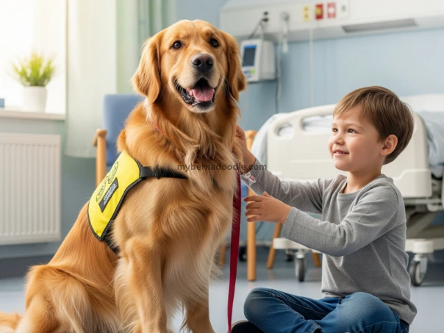 A Golden Retriever in a therapy vest comforting a child in a U.S. hospital, showcasing its supportive role.