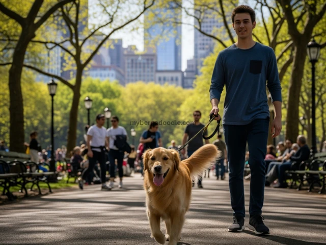 A Golden Retriever strolling with its owner in a busy U.S. city park, showing its adaptability to urban life.