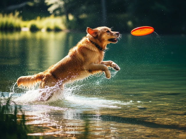 A Golden Retriever jumping into a U.S. lake for a frisbee, capturing its playful, youthful energy.